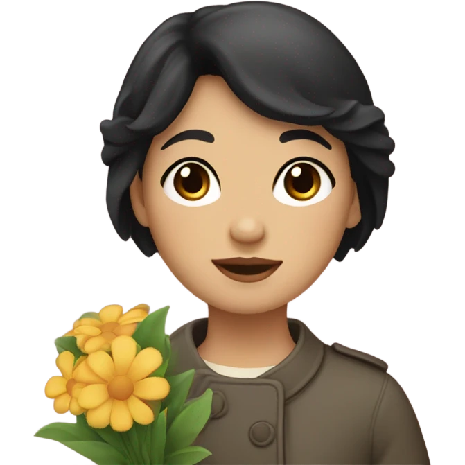 A girl with very short black hair, fair skin, and brown eyes wearing a coat and waving flowers emoji