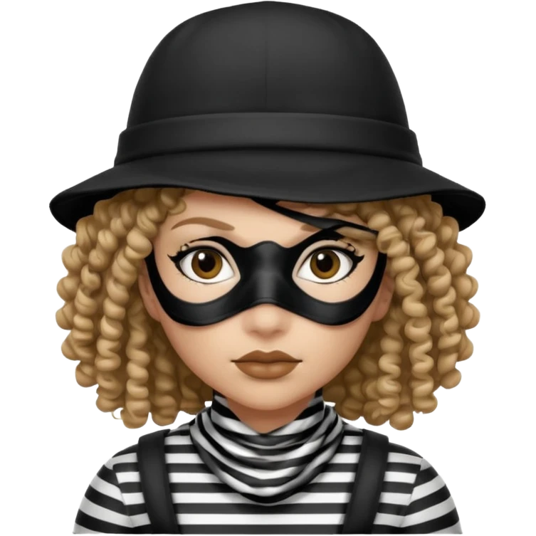 woman with robber mask concerned curly hair and robber outfit hat emoji
