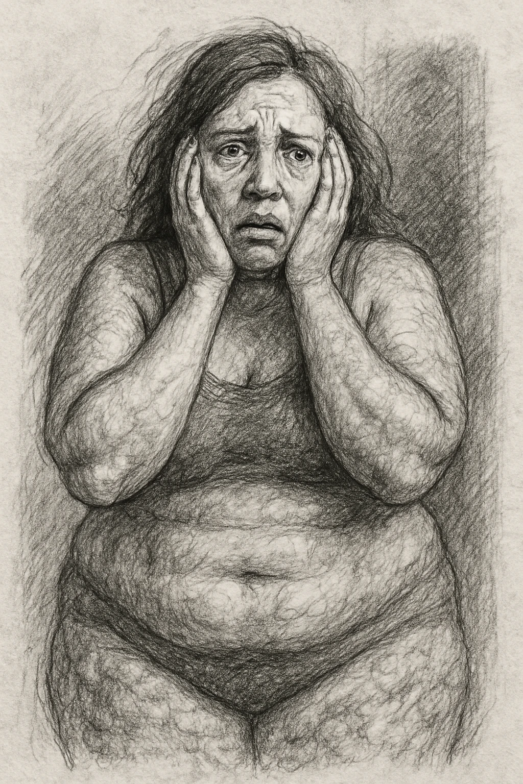 pencil sketch style drawing of a woman with a lot of cellulite, visibly desperate and tired of her condition, face visible with a marked expression of despair and fatigue, white background emoji