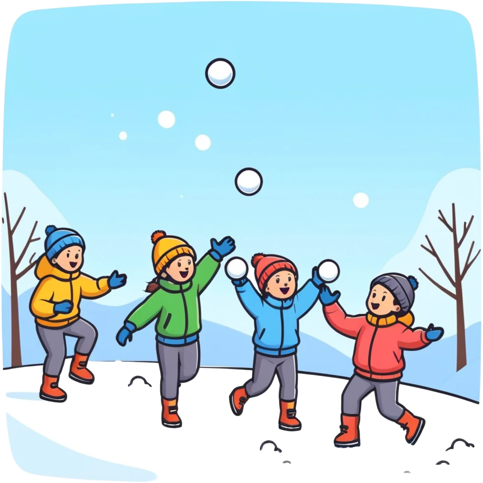 kids playing a snowball fight outdoors, energetic, winter clothing emoji