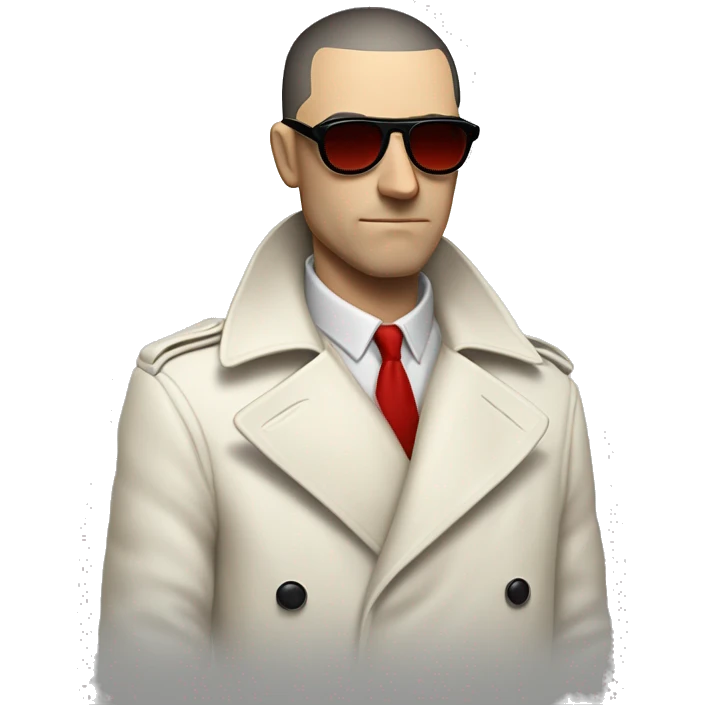 <excerpt>
A white man with real buzz cut Black hair, short mutton chops donning small red tinted sun glasses in a dirty white trench coat, is serious.
</excerpt> emoji