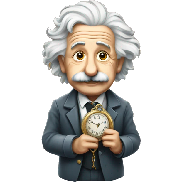 Albert Einstein holding an antique watch on a chain emoji