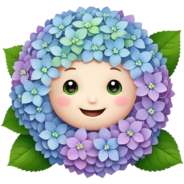 Adorable cute hydrangea flower with happy face, puffy round cluster of pastel colored tiny blooms, cheerful appearance, and cute little green leaves emoji