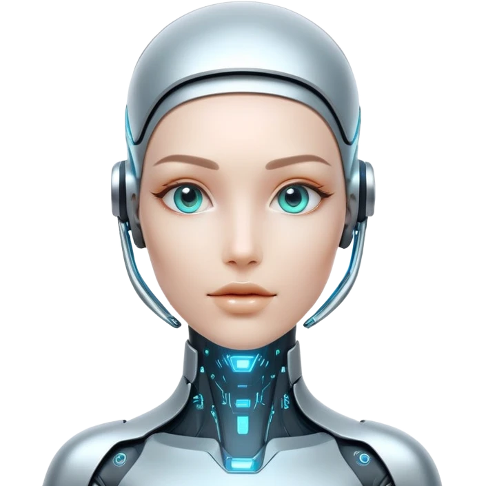 Futuristic human with metallic cybernetic enhancements, digital interface on face, holographic display emoji