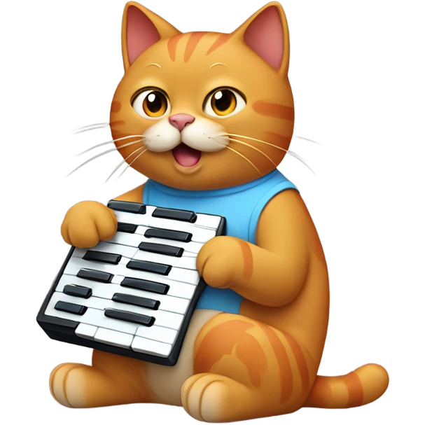 tan-red cat wearing a light-blue t-shirt taps musical keyboard emoji