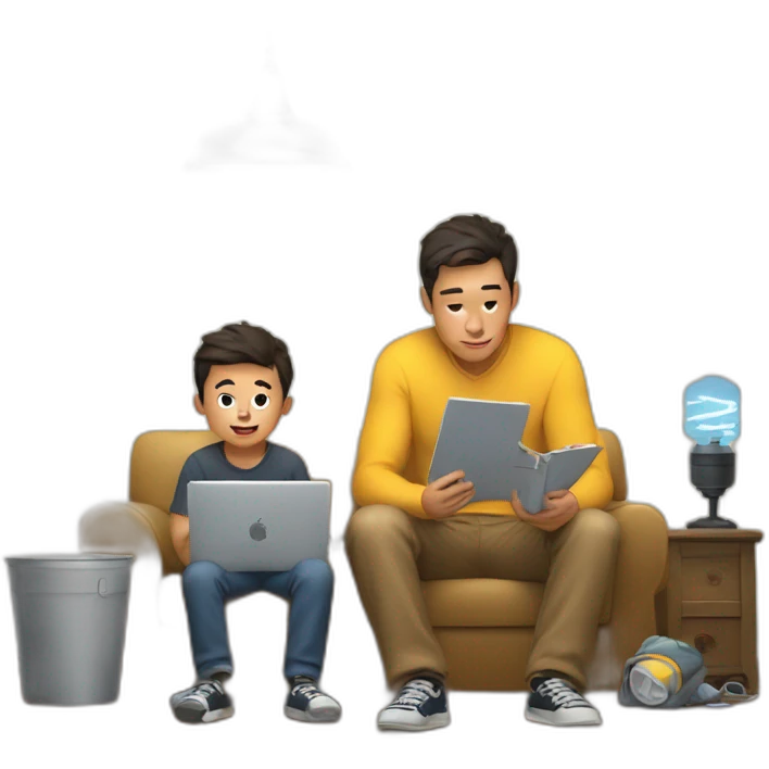 the son sits next to his father and studies electricity emoji