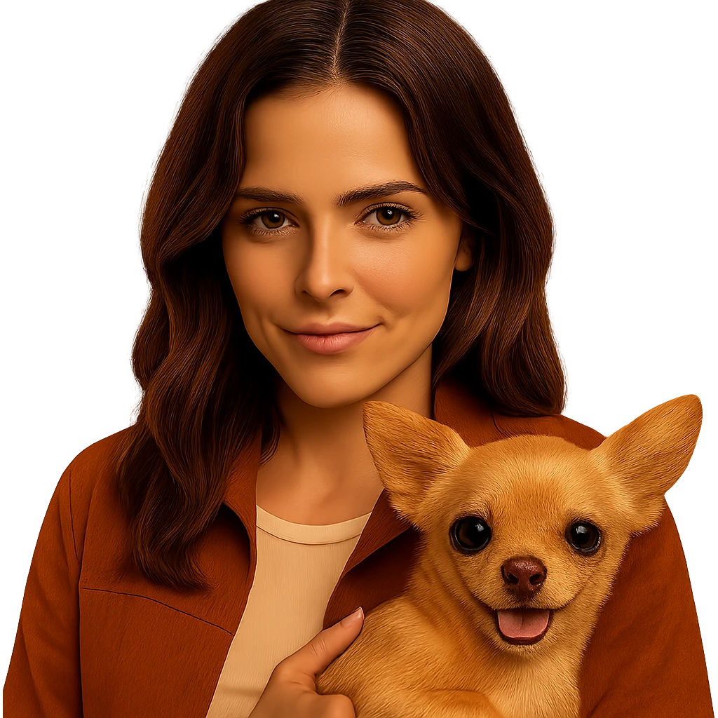 Recreate the image identically but improve only the chihuahua: make it more expressive, cute, clearly visible, with silky beige-brown fur and sparkling eyes, while keeping the original style, pose, and ambiance. Transparent background. emoji