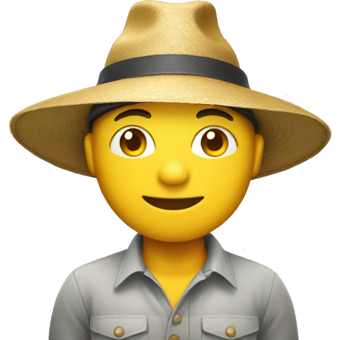 a yellow emoji with small eyes that are wide and look stretched with a rice farming hat emoji