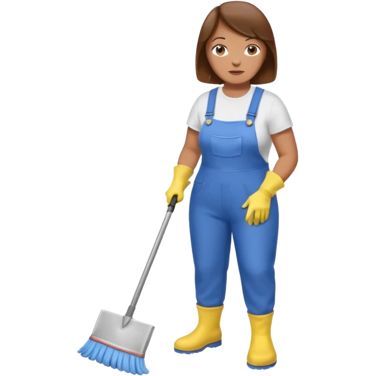 old and fat women, brown hair, Custodian with yellow rubber gloves, white T-shirt, blue overalls, mopping floor emoji