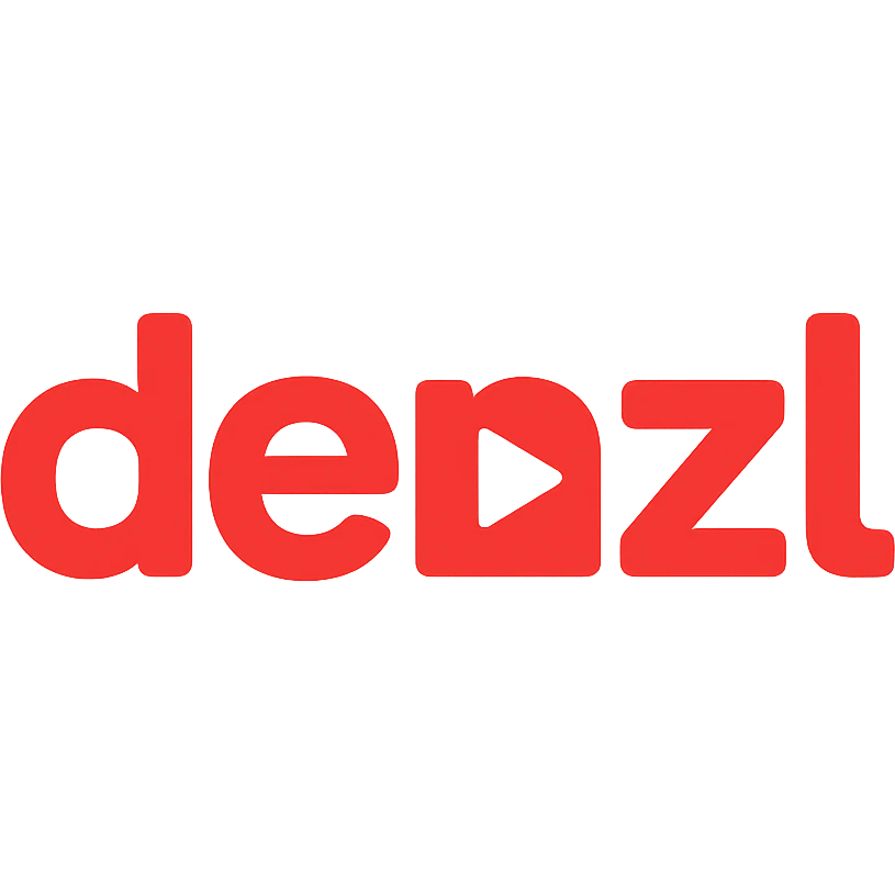 'denzl' logo with YouTube style, rounded font, red play button as part of the design, minimal and recognizable emoji