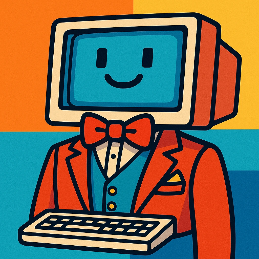 a desktop computer wearing a fancy suit and bow tie, stylish, ready for a party, dress to impress in your computer emoji