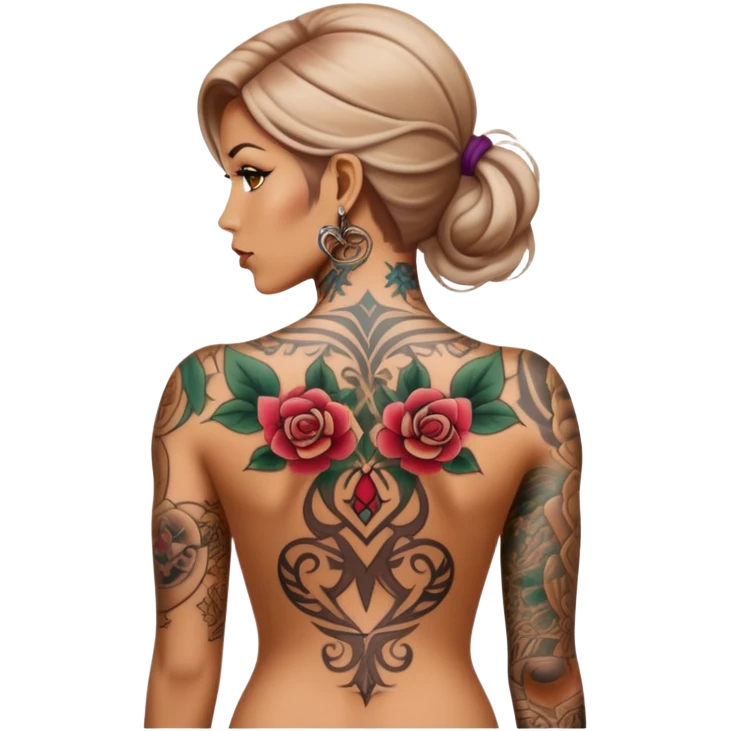  tattooed women, whole back body, anatomy  emoji