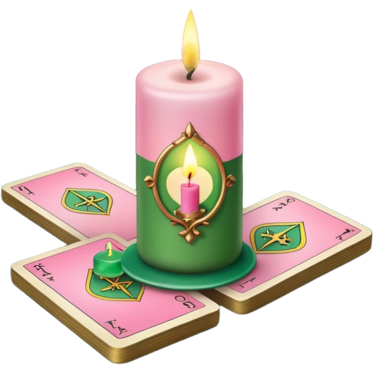 A green and pink deck of tarot cards and a one candle nearby emoji