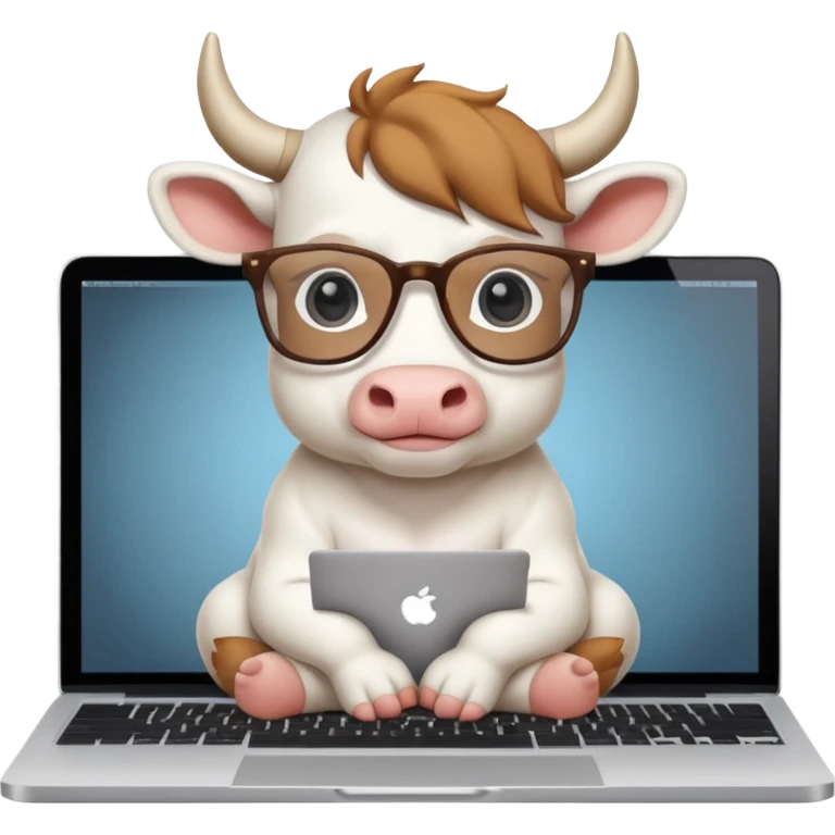 baby white bull in fancy glasses sitting in front of a macbook, working  emoji