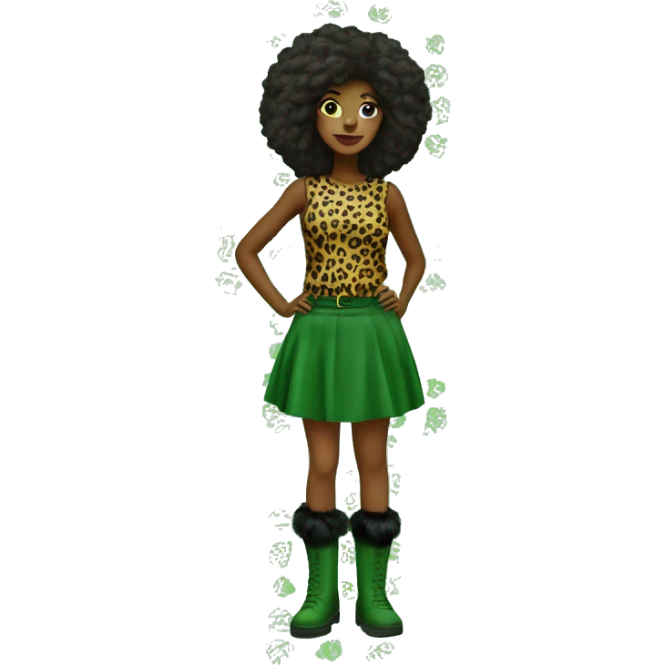 Green girl with panter print top on, panterprint skirt and panterprint fur boots emoji
