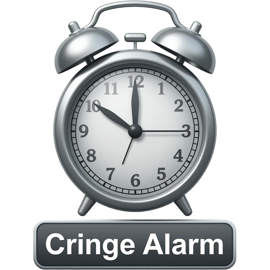 A blaring alarm with visual sound effects, a label below it with text "Cringe Alarm", filled background emoji