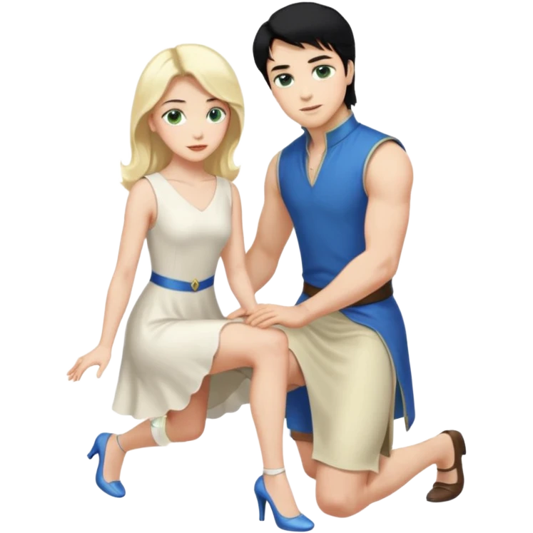 prince, upright, black Hair, blue eyes, Woman, blonde Hair, Green eyes, bending knee, sleveless White Dress, emoji