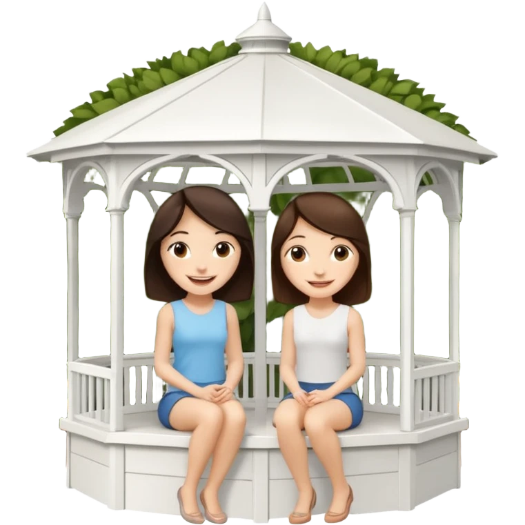 Two small brunette women sitting inside a large white gazebo emoji