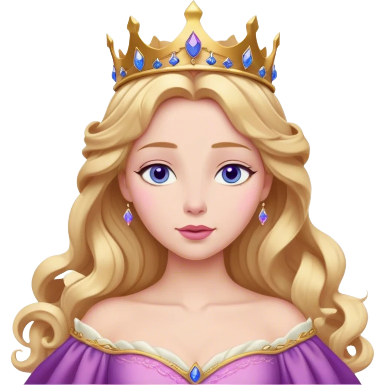 Cinematic Realistic Sleeping Beauty (Aurora) Portrait, with porcelain-like skin featuring a natural rosy flush, illuminated by soft lighting that highlights the gentle contours of her face. Her golden blonde hair flows in soft, detailed waves with subtle highlights that shimmer in the light. Her deep violet-blue eyes radiate warmth and innocence, framed by arched brows and long lashes. Her serene expression exudes quiet elegance. She is dressed in her classic pink gown, the fabric rich in texture with delicate folds that catch the light. A golden crown rests atop her head, gleaming with royal refinement. The portrait captures a soft, glowing aura, blending realism with an ethereal sense of beauty and timeless enchantment. emoji