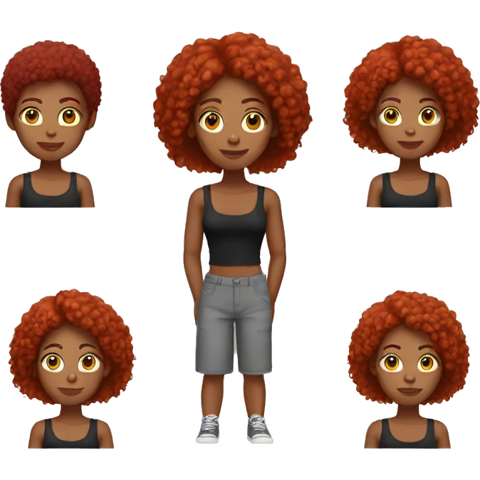 black woman red hair a black top and gray shorts emoji