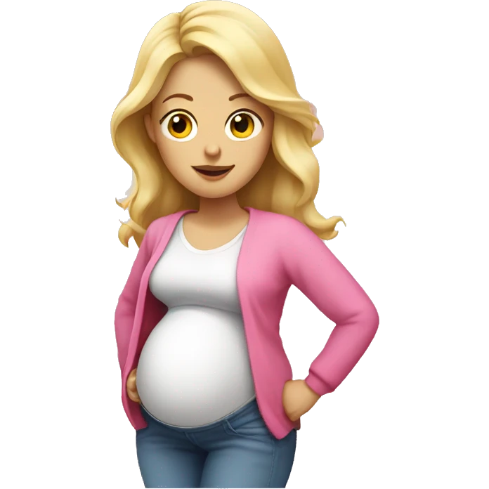 pregnant blonde with open belly, white top and pink cardigan emoji