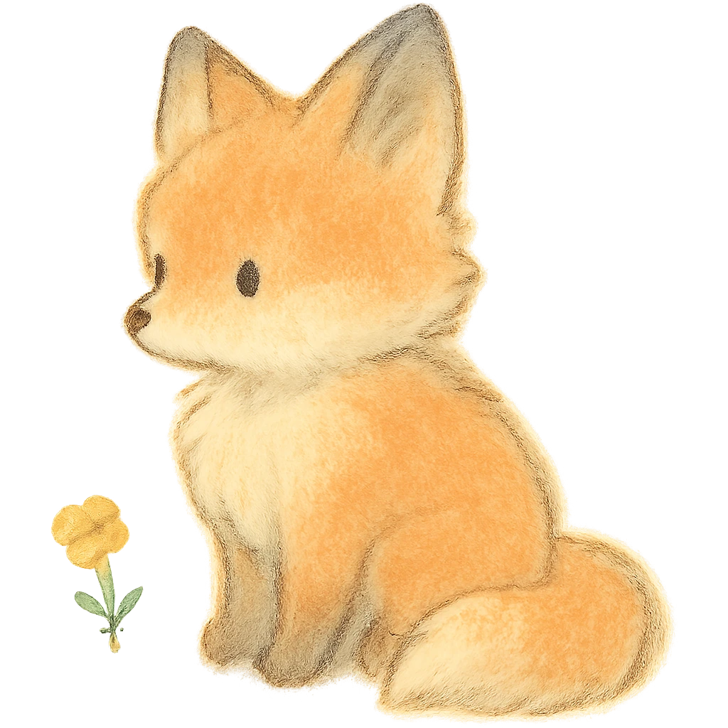 fluffy baby fox silhouette, Japanese soft pastel hand-drawn style, full object, transparent background, with a tiny flower emoji