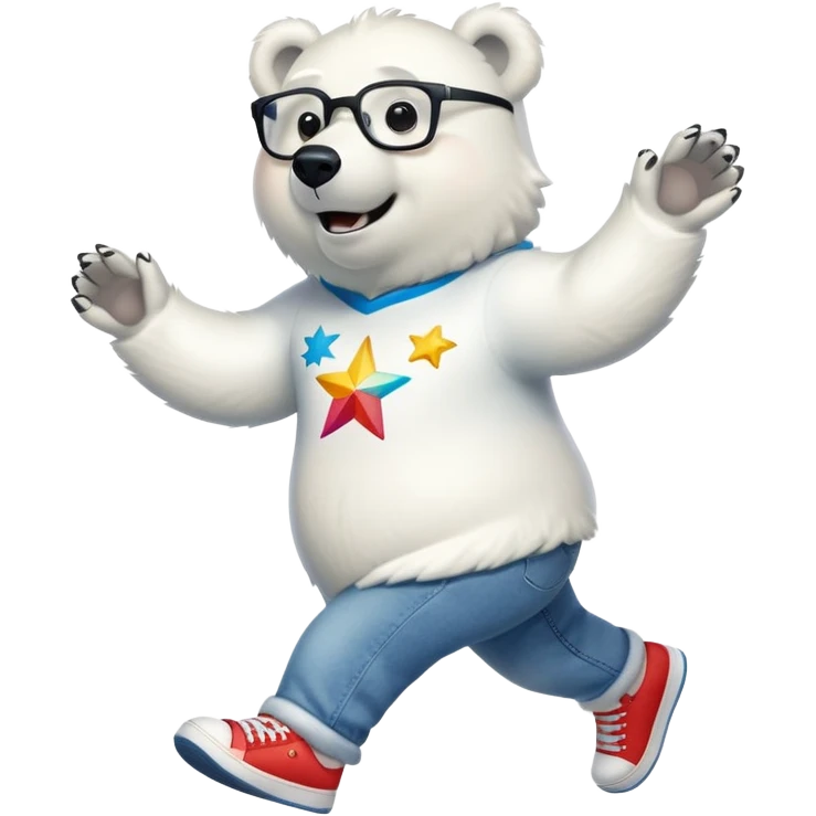 friendly anthropomorphised polar bear walking energetically, excited expression, wearing shirt, jeans, trainers, large multicolored star-shaped glasses emoji