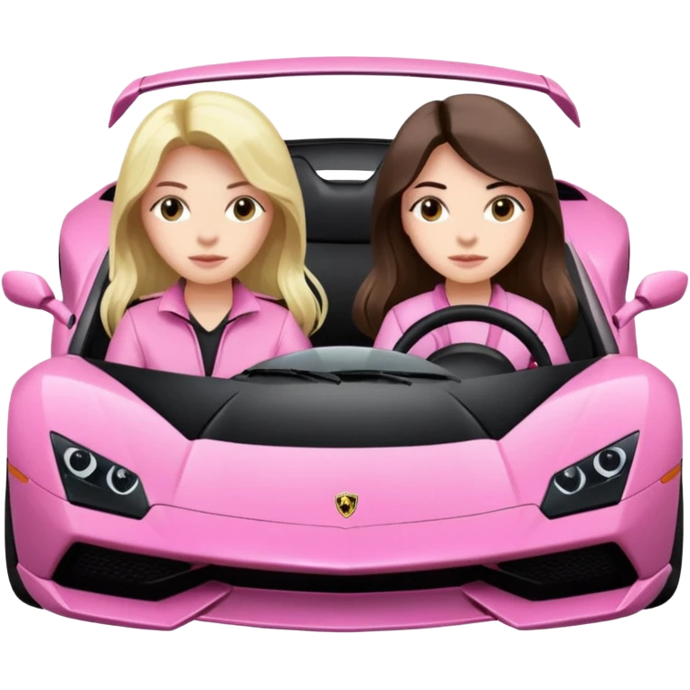 Make car far away so I can see full car Car facing forward in sports car. Make hair long  two girls in car far away Front of car sitting in the seats. Make it a pink sports car. They are two baddies make it a Lamborghini pink car  emoji