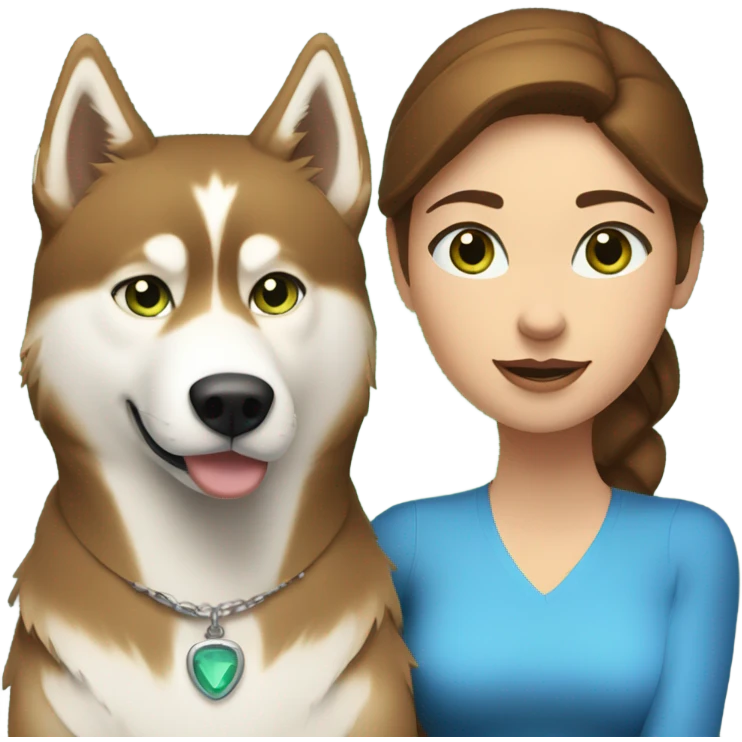 Brown hair  woman with blue eyes with a golden Husky with green eyes emoji