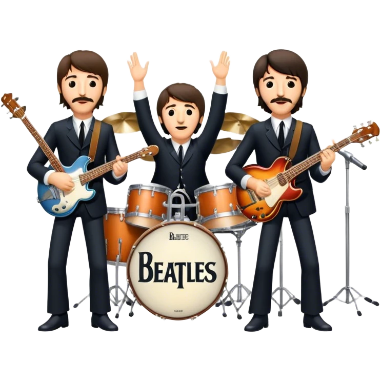 Rock music icon: The Beatles performing live on stage. John Lennon with guitar, Paul McCartney with bass, George Harrison with guitar, Ringo Starr on drums. Bright lights, energetic performance. Transparent background. emoji