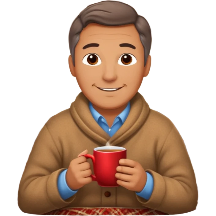 Cozy handsome middle aged man sitting next to a nice fireplace with a hot apple cider, blanket, and plate of chocolate cookies. emoji