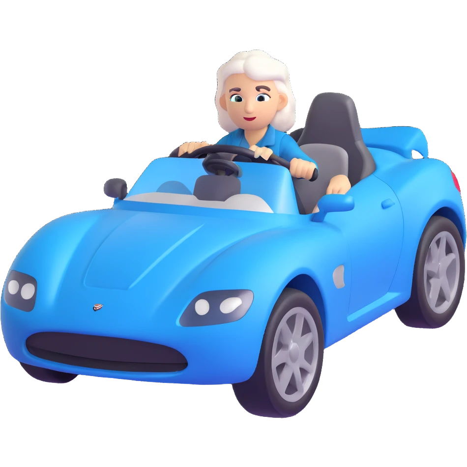 Make the blue sports car 20% more realistic while keeping the mother with white hair looking fast and furious, dynamic motion effects, sporty 3D emoji style, no background emoji