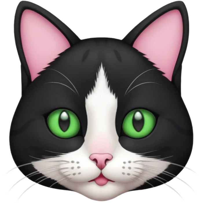 a cat with green eyes, lines on his head but he is black and has white paws and a white neck and mouth fur and nose is pink emoji