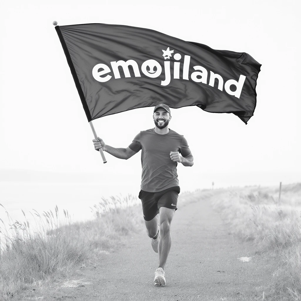 happy runner waving a flag that says 'emojiland' emoji