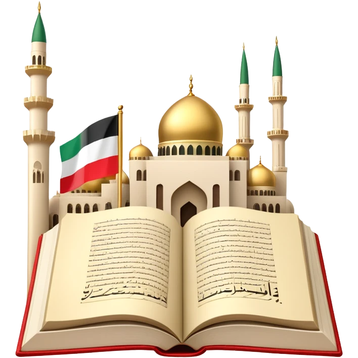 An icon featuring the mosque and the big flag of United Arab Emirates, symbolizing the Arabic language. The design includes an open book with Arabic script and calligraphy, representing language learning and cultural heritage. Transparent background emoji