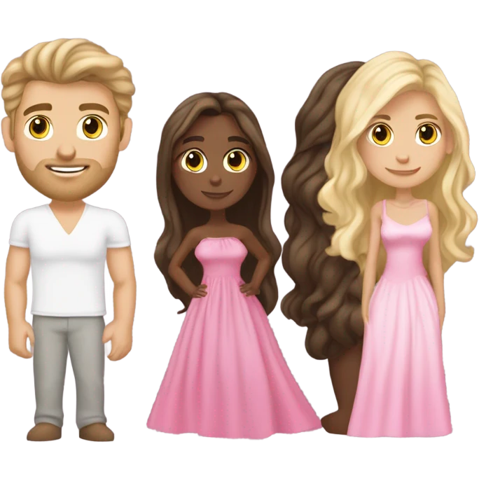 A handsome pale Greek god man who has long brown hair and tanned skin with a pretty black skinny tall model woman who has long voluminous brown & blonde highlights hair  and she is wearing a pink dress and they are a couple emoji