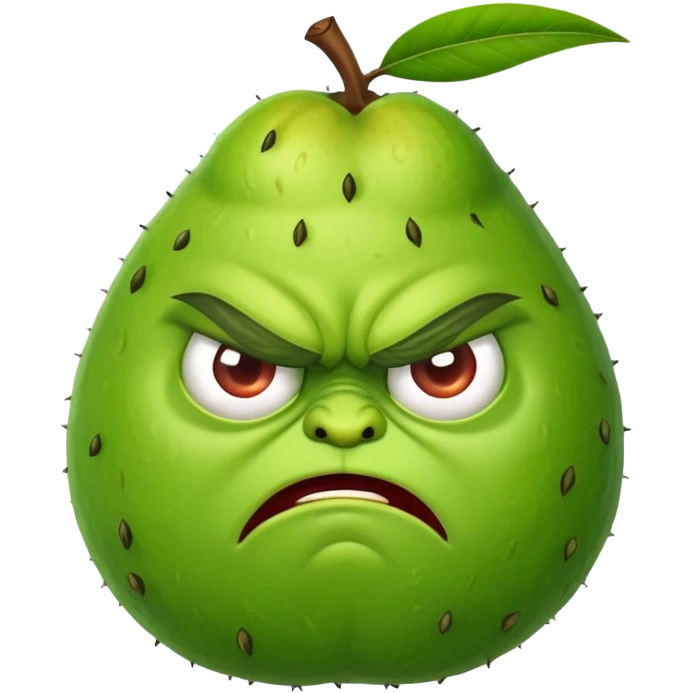 Angry guava fruit character with furrowed eyebrows and grumpy expression emoji