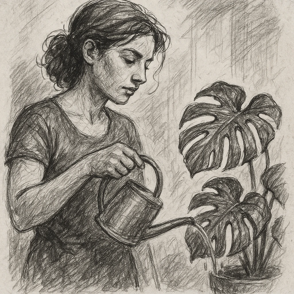 woman watering her monstera plant emoji