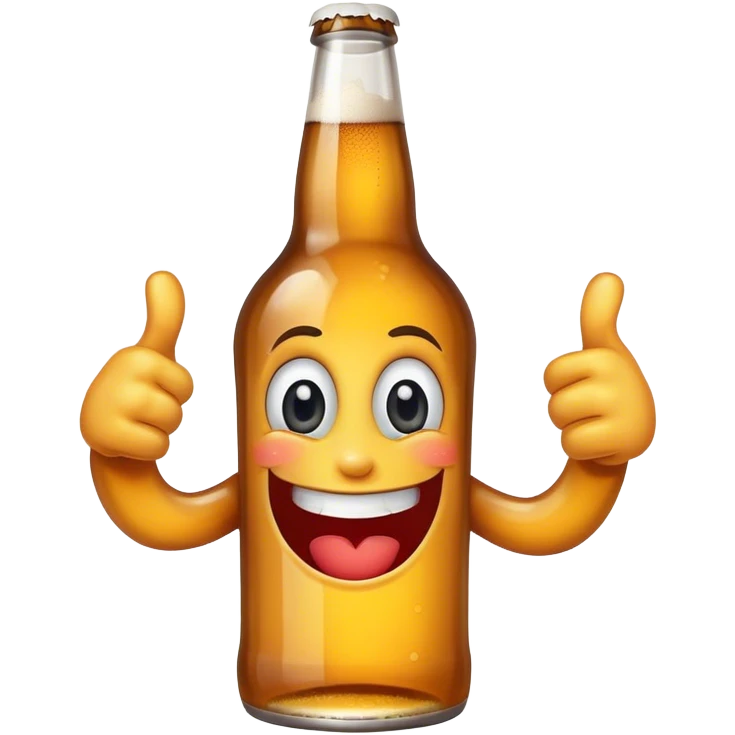 A beer bottle with a big smile and expressive eyes giving a BIG thumbs-up emoji