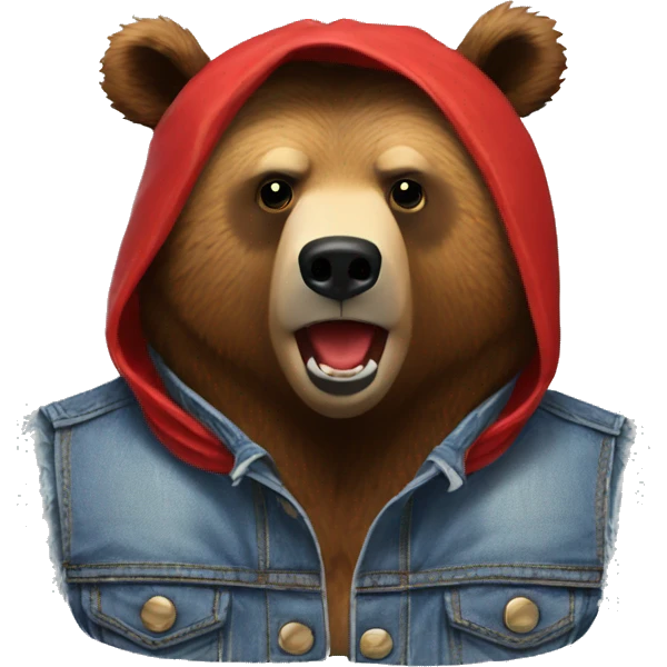 grizzly bear wearing sleeveless jean jacket and red bandana around head with open mouth emoji