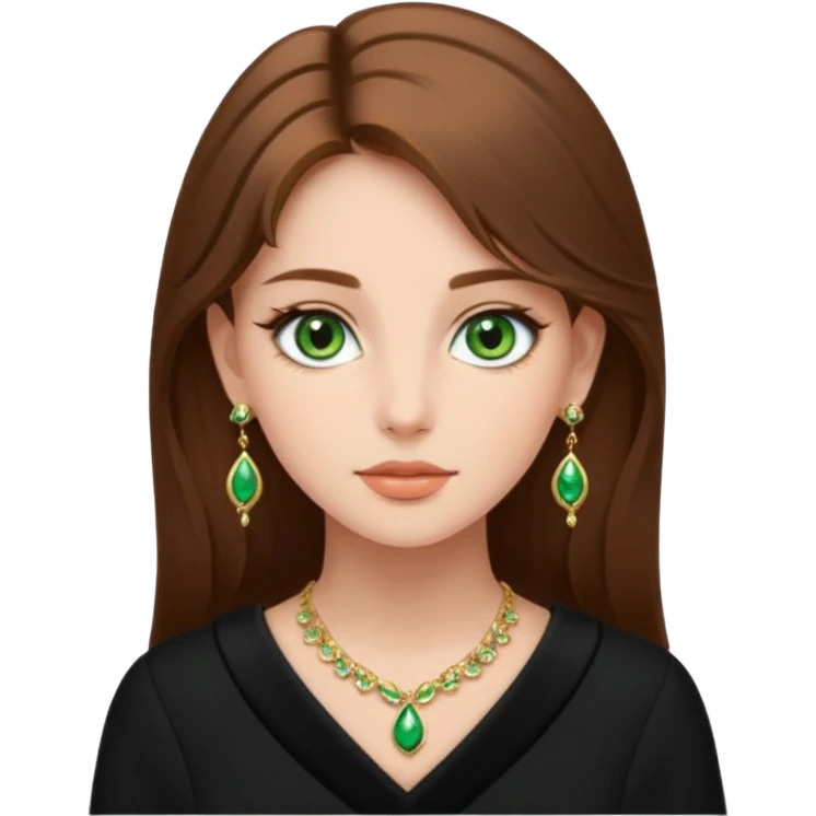 Μια κοπέλα καστανή με μαύρα ωραία ρουχα και σκουλαρίκια και κοσμήματα και βαμμένη ελαφρό και πράσινα μάτια τα κοσμήματα λίγα και χρυσα τα κοσμήματα να είναι λίγα και λεπτα emoji