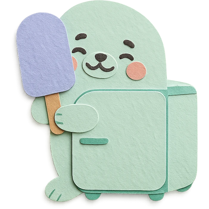 cute seal shaped like a tiny refrigerator, hugging a popsicle, blushing, soft mint colors, full-body emoji