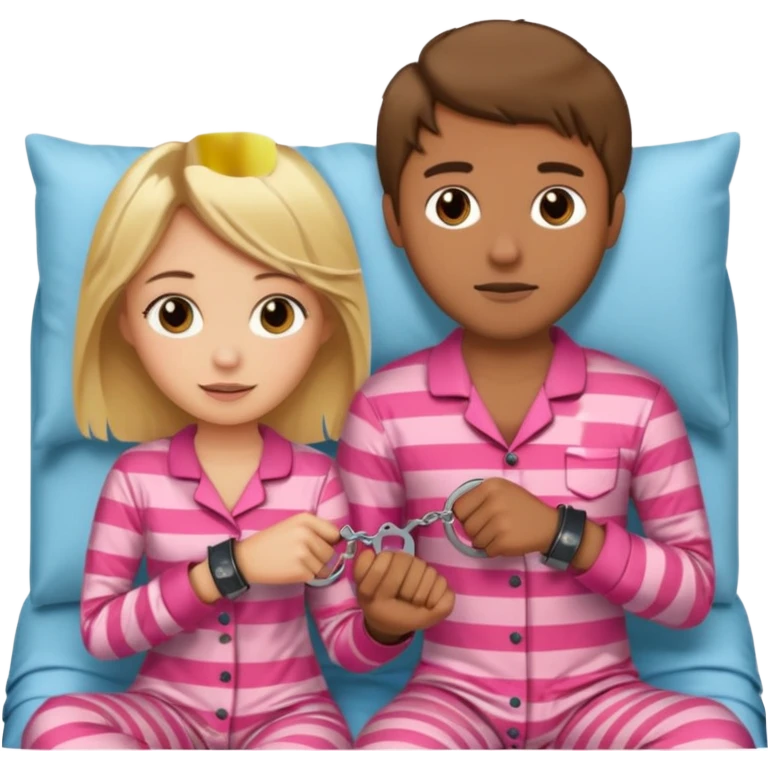 a blonde girl holding handcuffs with her brown haired boyfriend in bed  emoji