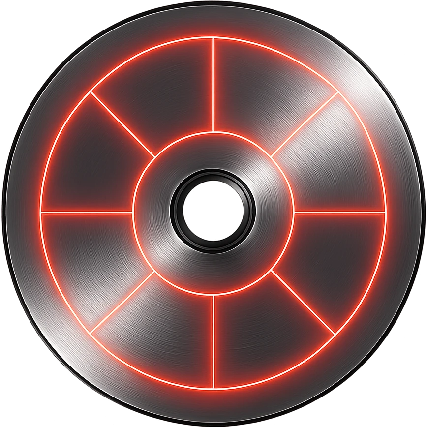 A minimalist CD disc with geometric pattern, glowing effect, red color, chrome style. emoji