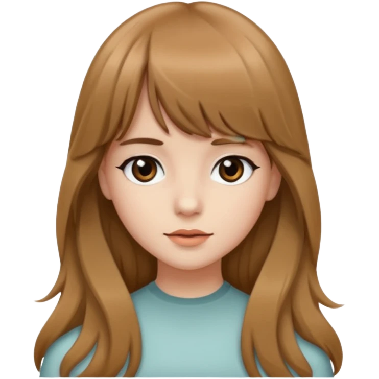 Uma garota de cabelo ondulado marrom,mas com franja lisa e olhos pretos, e a cor de pele branca,e o cabelo LONGO  emoji