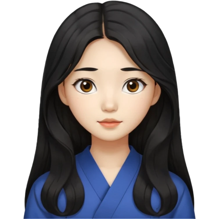 Korean girl with long black hair that is slightly wavy, with a middle part and face framing hairstyle. Asian eyes, brown colored eyes emoji