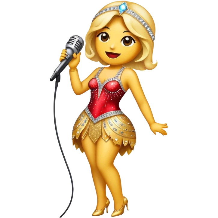 Create a glamorous and eye-catching emoji representing stage vocals, featuring a vintage stage microphone as the central element. Surround the microphone with a vibrant, sparkling stage costume covered in rhinestones, capturing the essence of a classic stage performance. The costume should be flashy, with shiny accents and a dazzling effect to evoke the energy and elegance of a live performance. Add subtle musical notes floating around to emphasize the connection to singing. Use bright, bold colors like gold, silver, and deep reds, along with glittering details to create a luxurious and dynamic atmosphere. The background should be transparent. emoji