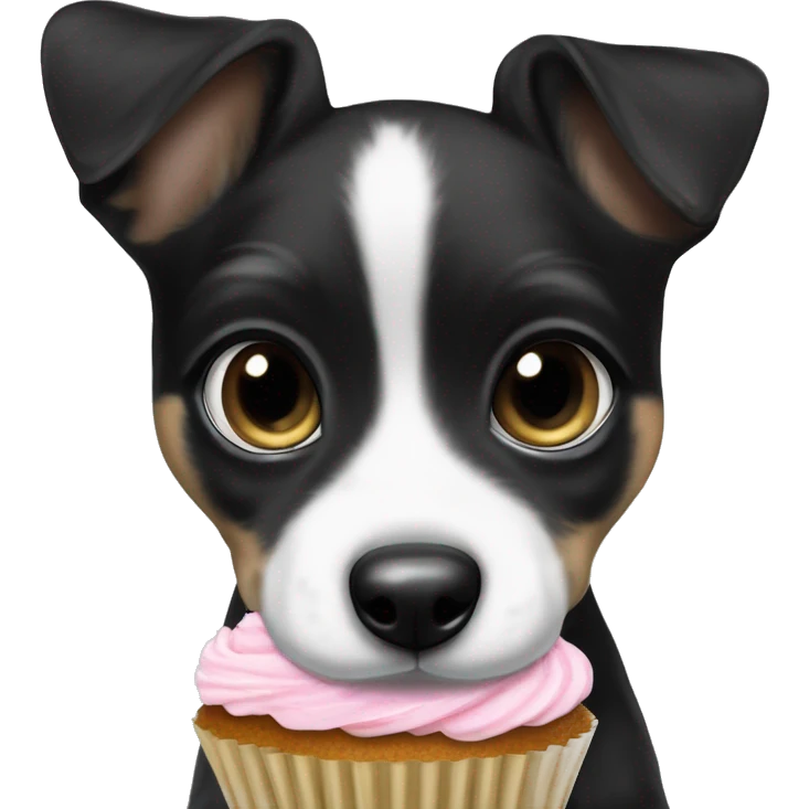 Cute big eyed Black and white girl teddy Roosevelt terrier puppy runt (no brown) eating a cupcake emoji