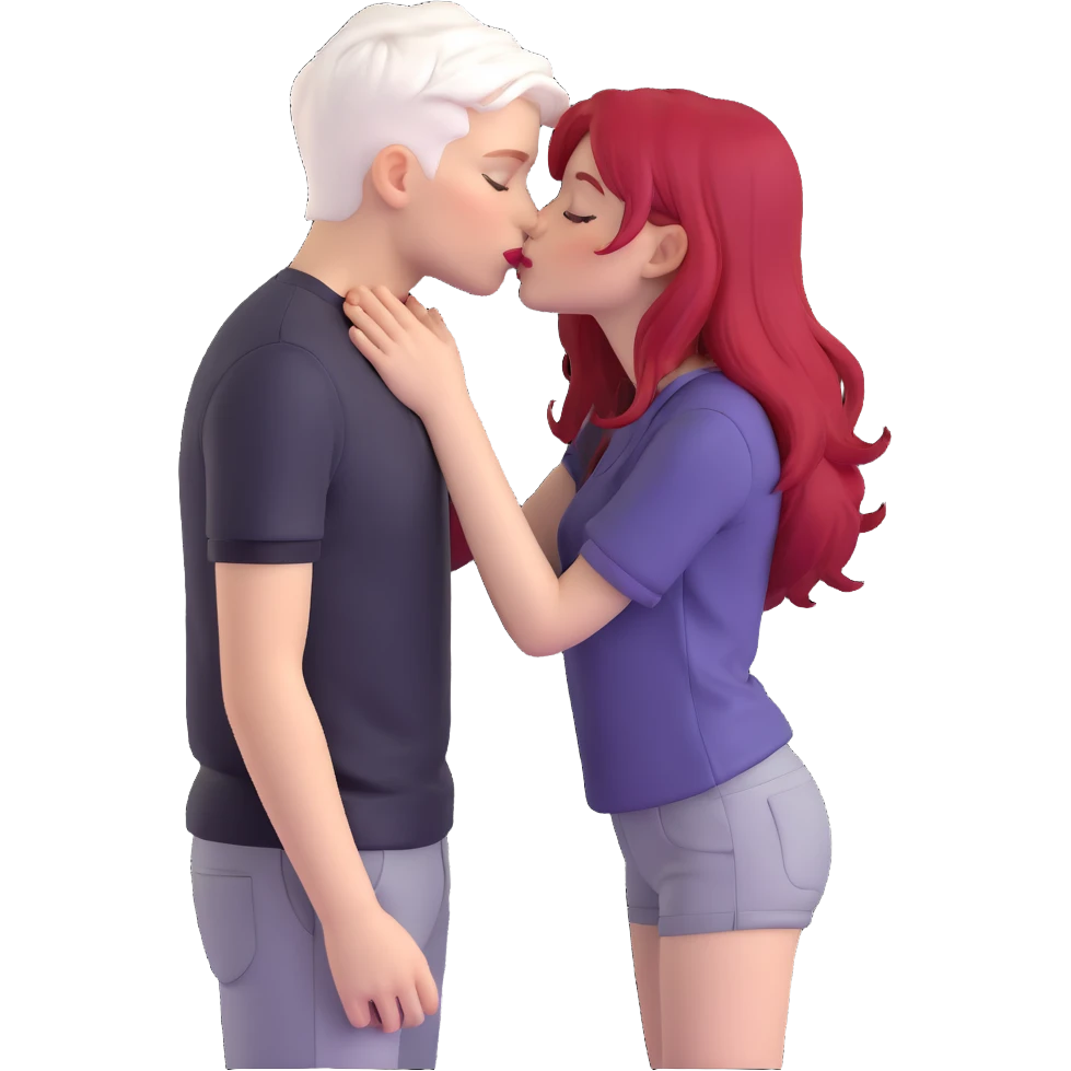 couple kissing, boy with PAPER WHITE SHORT HAIR (completely white), dark shirt, girl with long cherry red hair, light clothes emoji