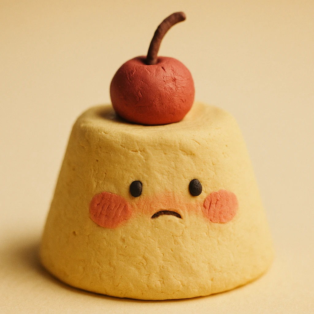 shy pudding with blushing cheeks, cherry on top, creamy soft background, claymation style emoji